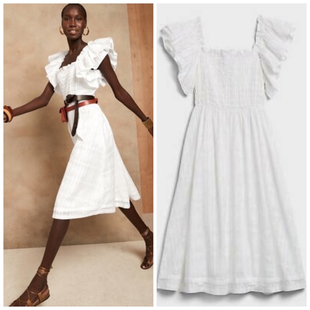 Banana Republic White Fit & Flare Smocked Ruffle Dress